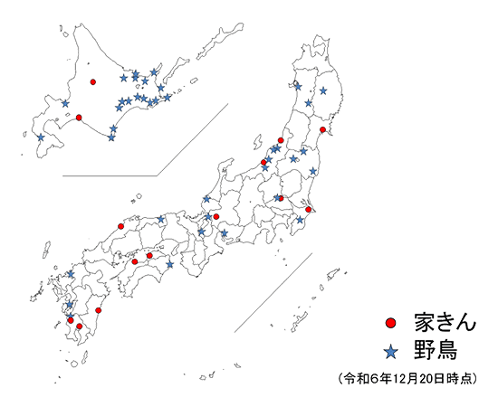 令和6年度 国内における高病原性及び低病原性鳥インフルエンザ発生状況（令和6年12月20日時点）