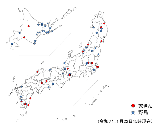 令和6年度 国内における高病原性及び低病原性鳥インフルエンザ発生状況（令和7年1月22日15時現在）